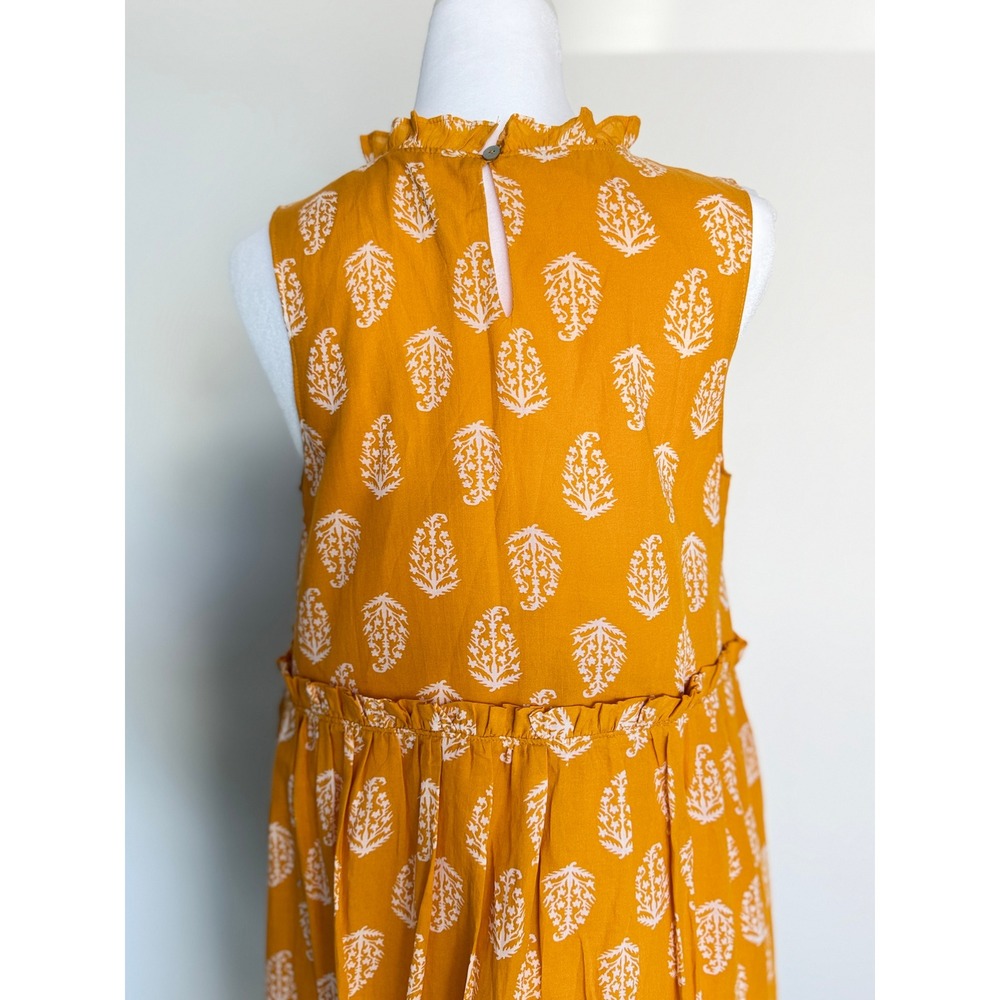 Lucky Mustard Yellow Ruffle Neck Sleeveless Block Print Mini Dress‎ Leaf Size S - Picture 7 of 13